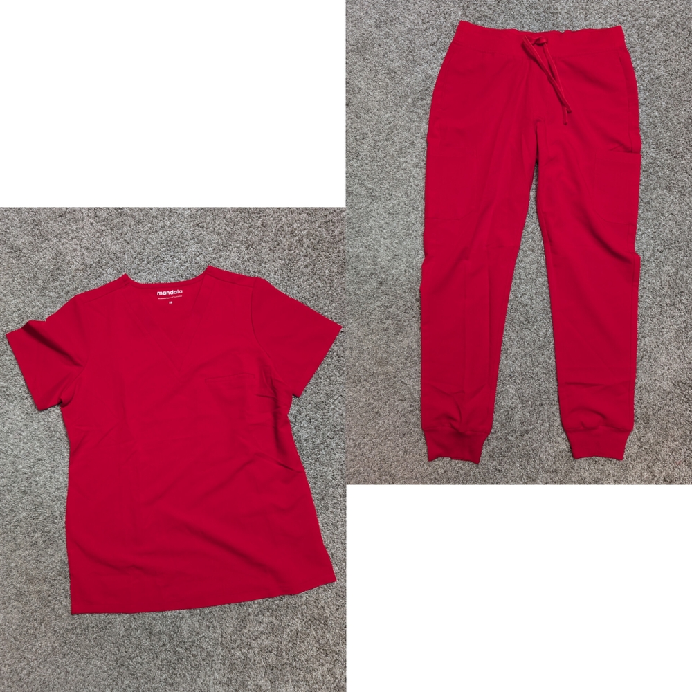 Mandala Women's Red Scrub Top and Jogger Pants Set